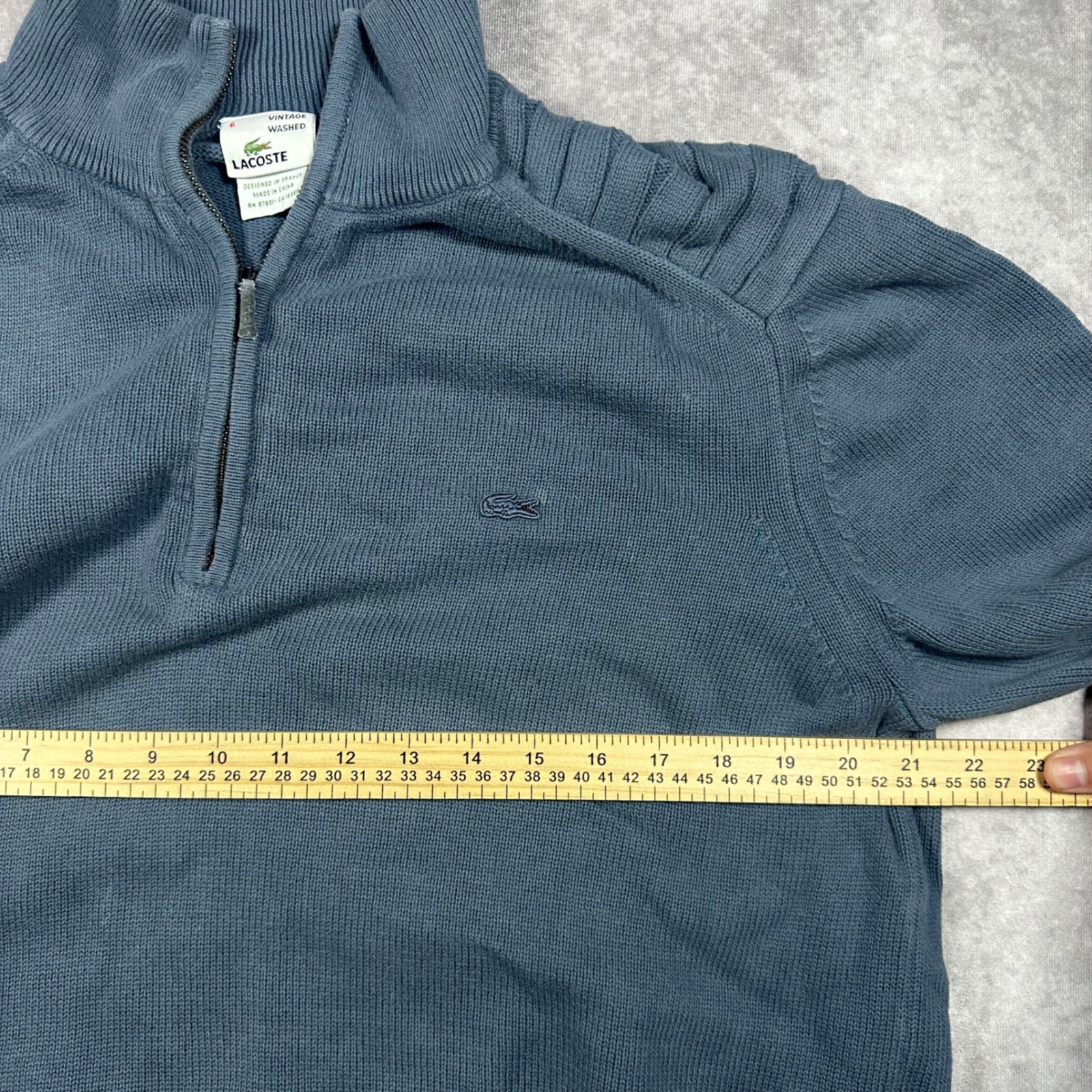 Lacoste Mens Vintage Washed Blue Quarter Zip Sweater Ribbed Size 6 L Preppy — image 8 of 8